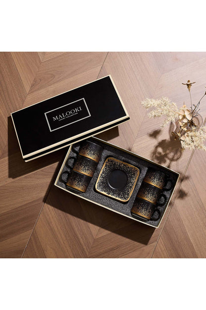 Set de 6 cești cu 6 farfurioare, 180 ml - Negru - Snowing Collection