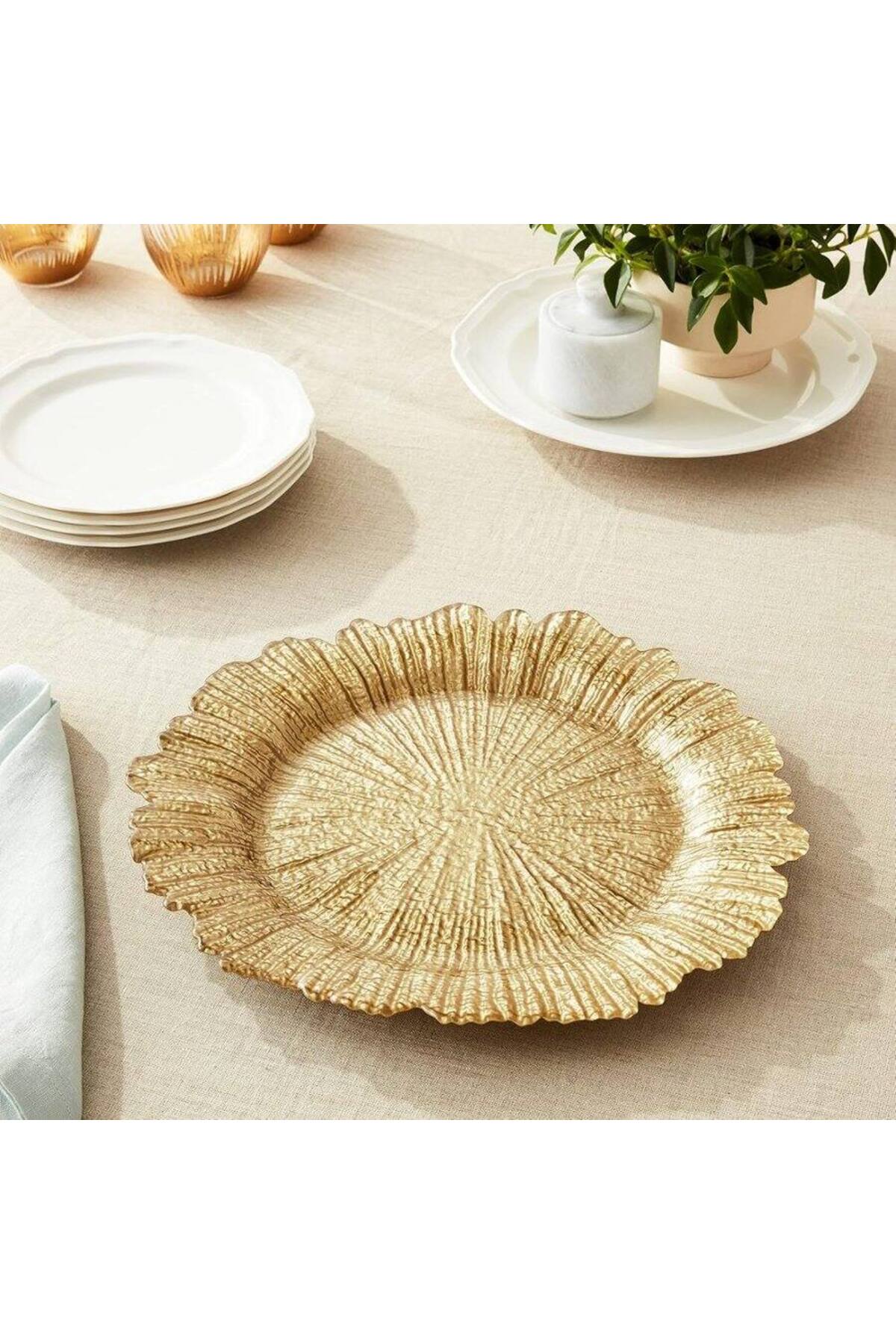 Set 12 farfurie suport decorativă sticlă, model coral auriu, Golden petal, diametru 35 cm