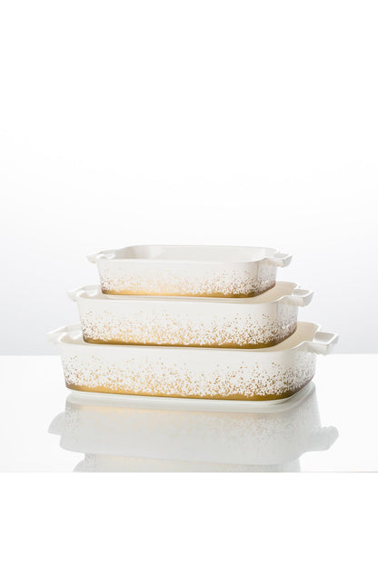 Set 3 tăvi cuptor Snowing – porțelan alb cu particule aurii în degradeu, rezistente la cuptor