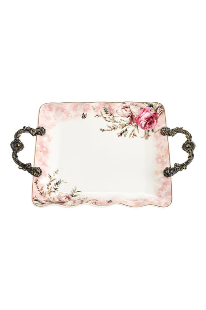 Tavă servire porțelan model floral vintage, mânere metalice bronz, 34.5 cm