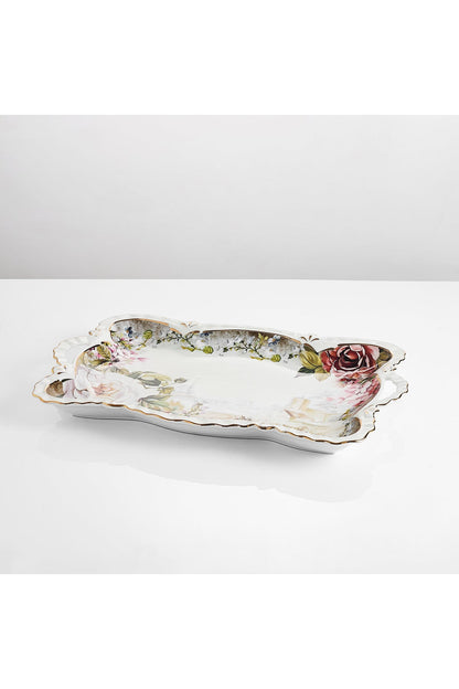 Tavă servire porțelan model floral vintage, mânere integrate, 42 x 27 cm