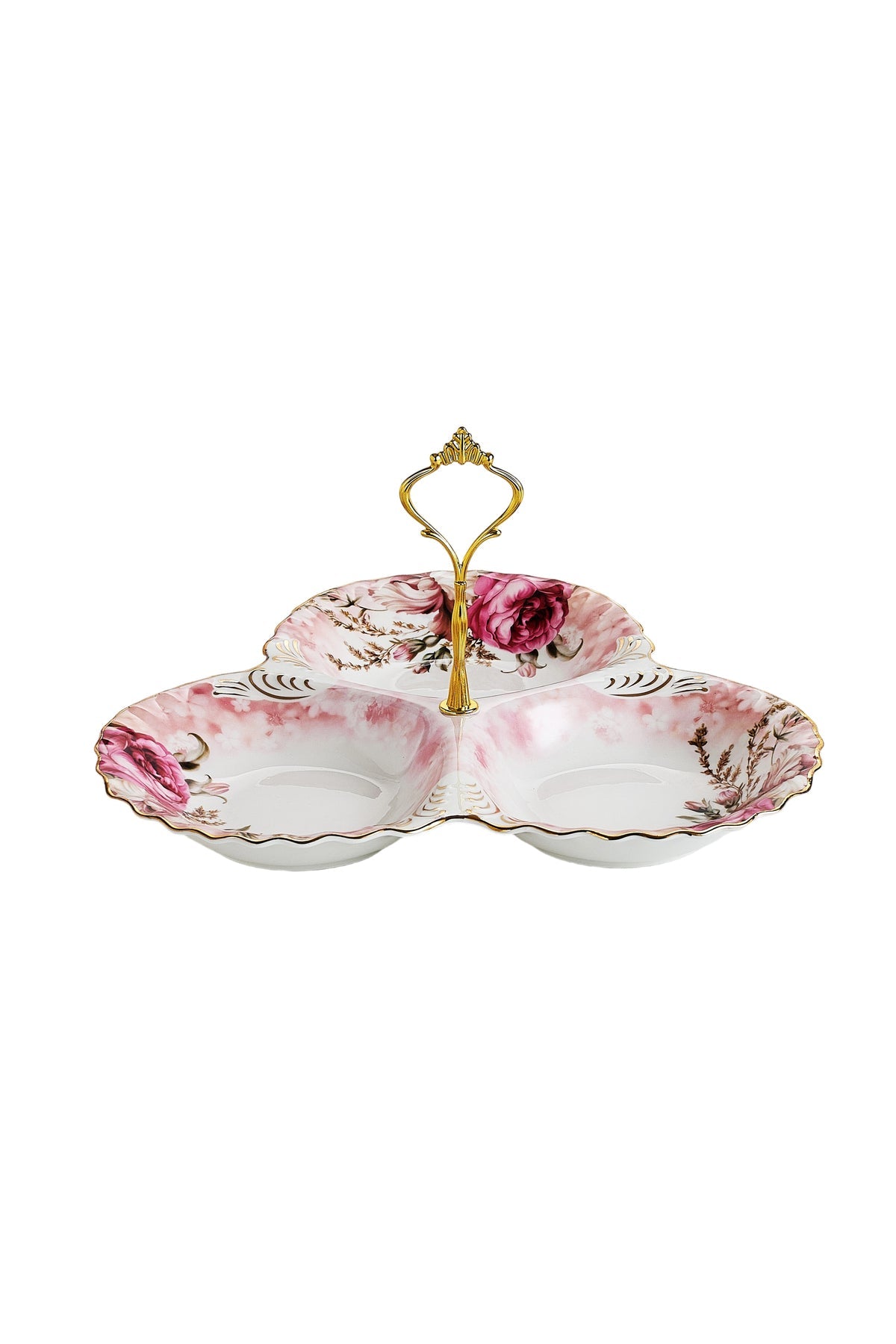 Platou compartimentat 3 secțiuni porțelan, model floral vintage, mâner auriu