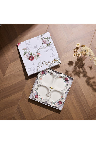 Platou compartimentat 4 secțiuni porțelan model floral vintage, mâner auriu