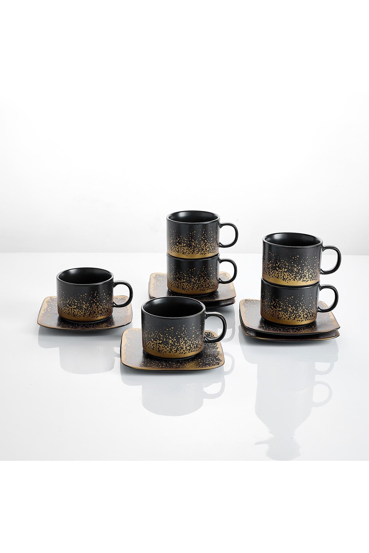 Set de 6 cești cu 6 farfurioare, 180 ml - Negru - Snowing Collection