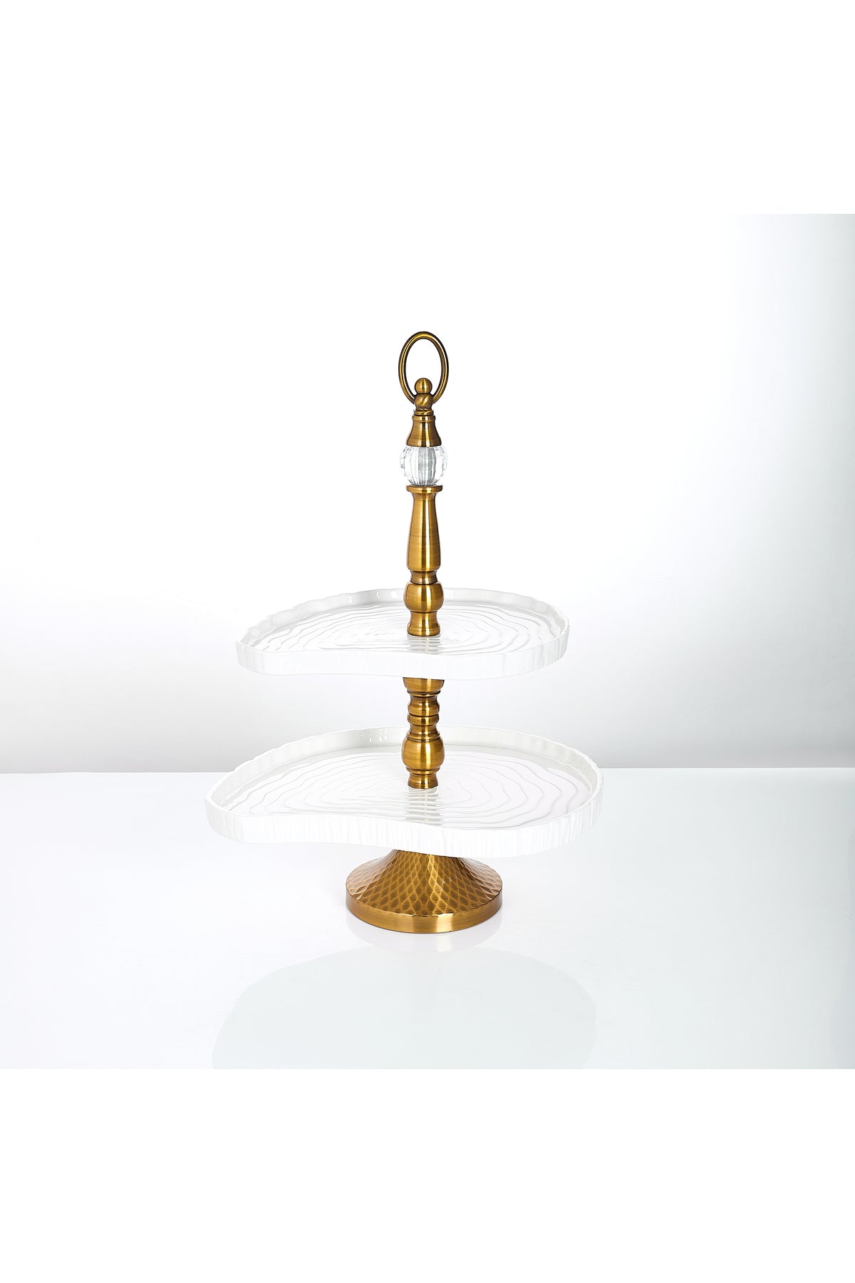 Platou etajat 2 niveluri porțelan, structură aurie cu cristal, 48 cm