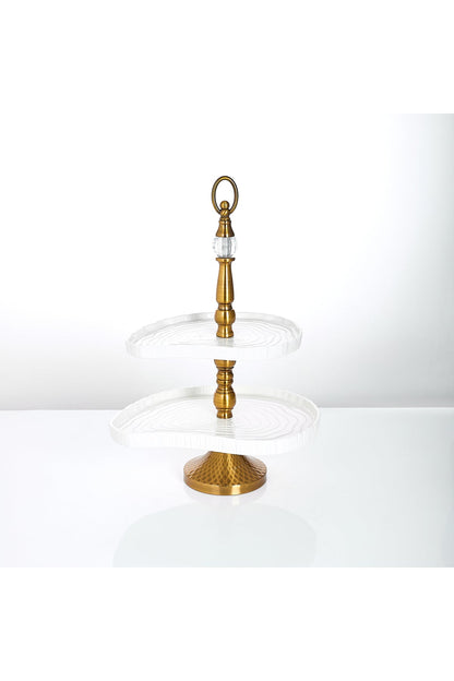 Platou etajat 2 niveluri porțelan, structură aurie cu cristal, 48 cm