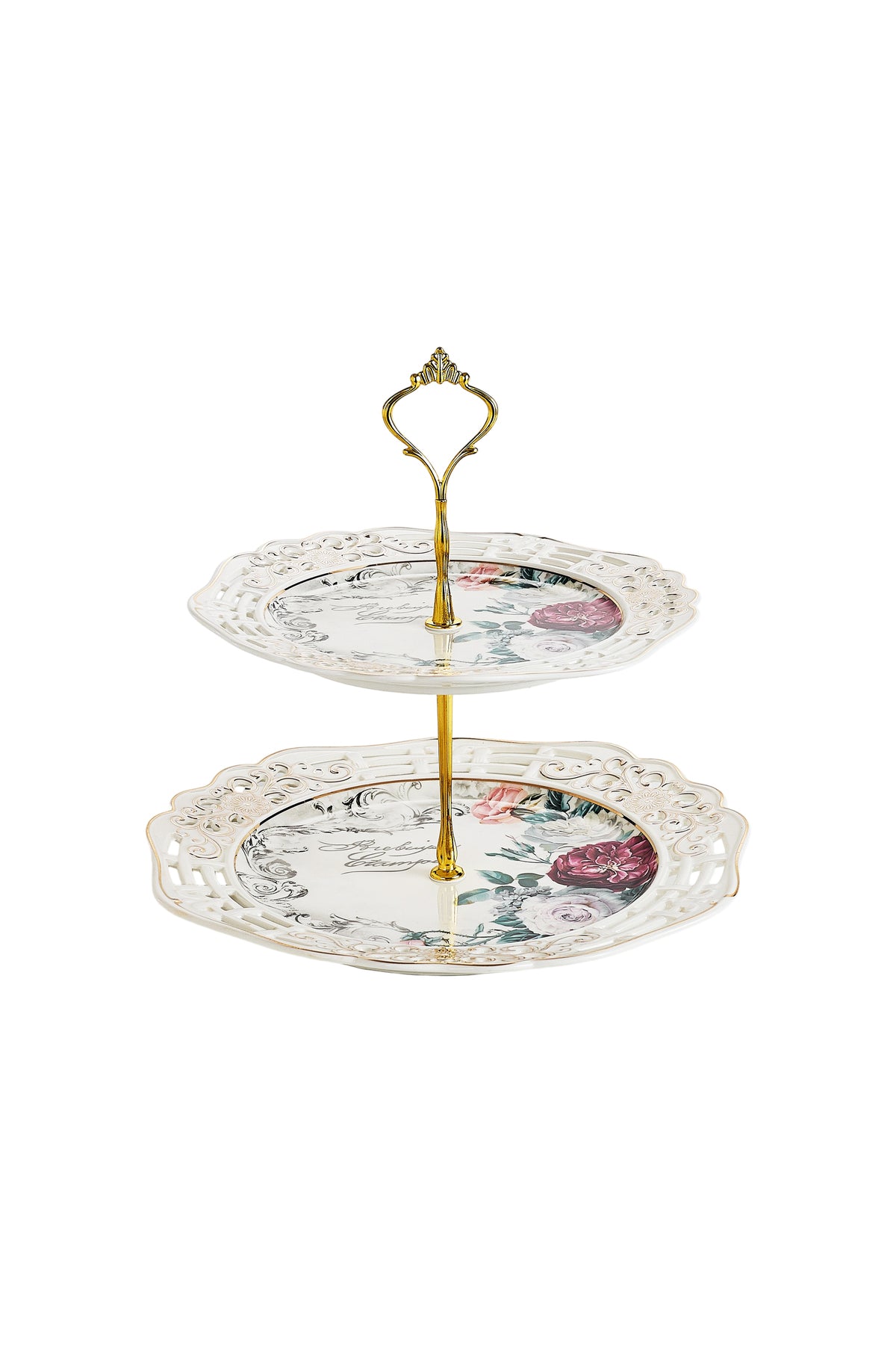 Platou etajat 2 niveluri porțelan, model floral vintage, platouri rotunde