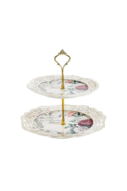 Platou etajat 2 niveluri porțelan, model floral vintage, platouri rotunde