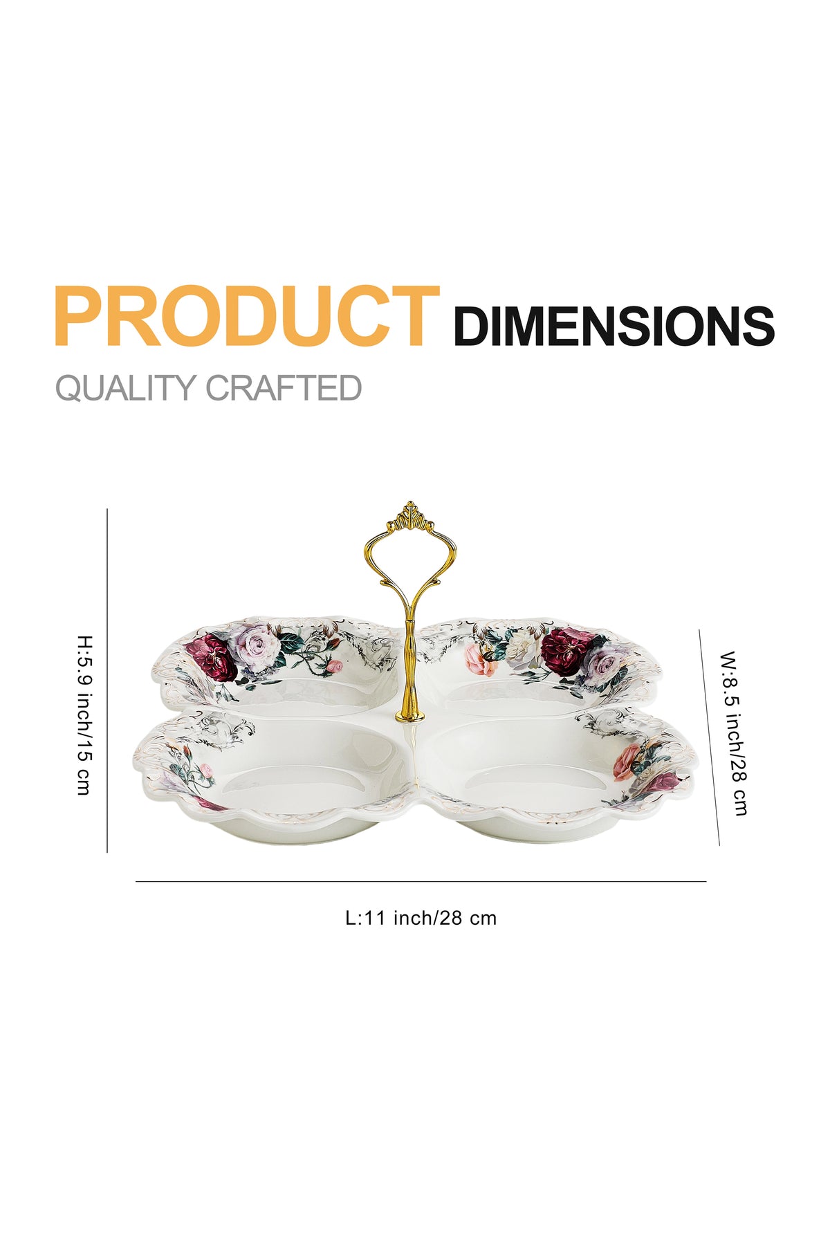 Platou compartimentat 4 secțiuni porțelan model floral vintage, mâner auriu