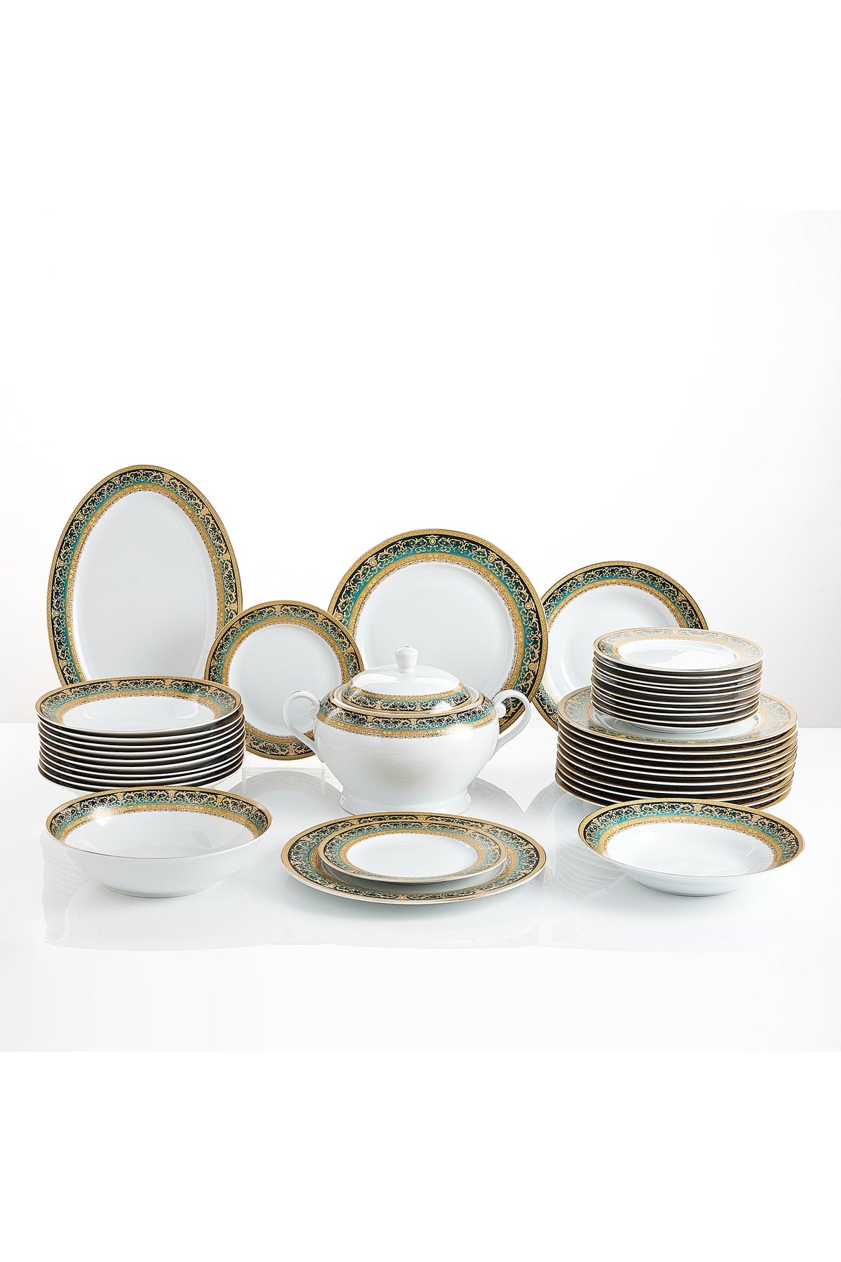 Serviciu de Masă 12 Persoane Emerald Royal Gold din Porțelan 40 piese, Design Baroc Verde cu Aur