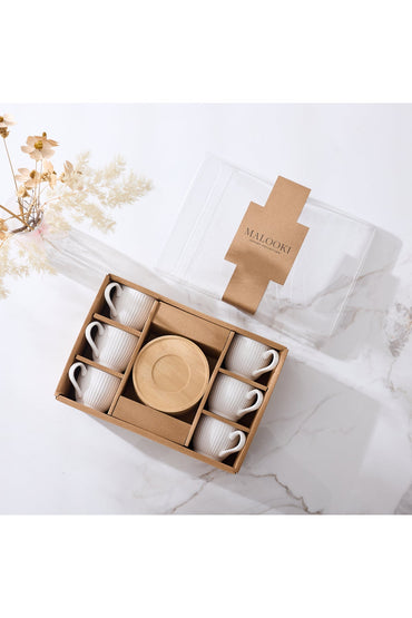 Set 6 cești espresso porțelan Groove cu farfurioare bambus, 90ml, alb
