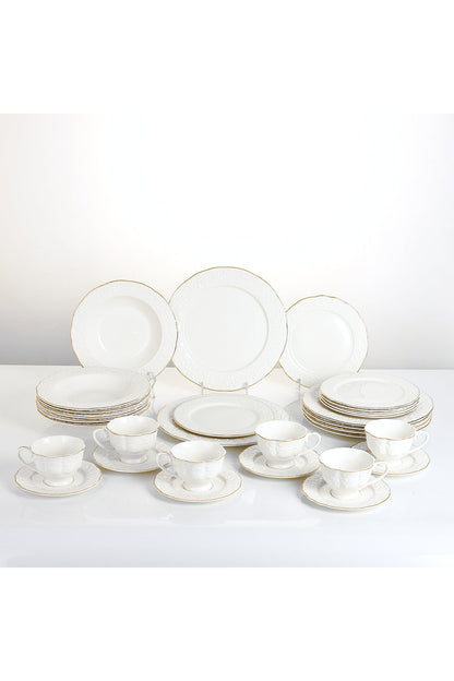 Serviciu de masă din porțelan30 piese Luxset farfurii și cești 6 persoane decor relief margine aurie