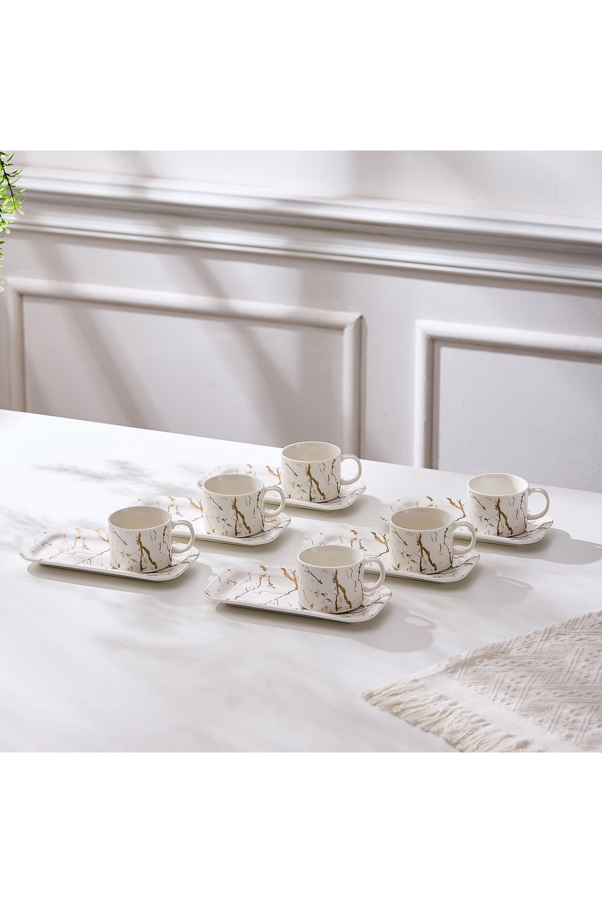 Set de 6 cești cu 6 farfurioare platou dreptunghiular, porțelan, 180 ml - Marble collection