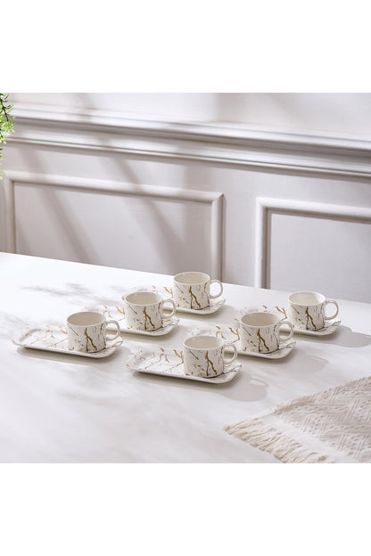 Set de 6 cești cu 6 farfurioare platou dreptunghiular, porțelan, 180 ml - Marble collection
