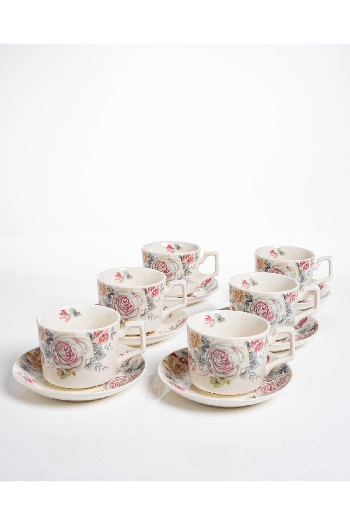 Set 6 cești cafea Romance – porțelan floral vintage cu trandafiri - 12 piese cu farfurioare