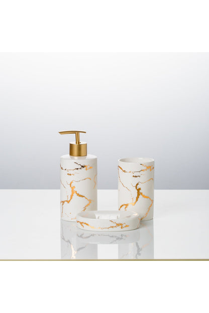 Set accesorii baie Marble 3 piese – dozator sapun, suport sapun solid, pahar, porțelan cu detalii aurii