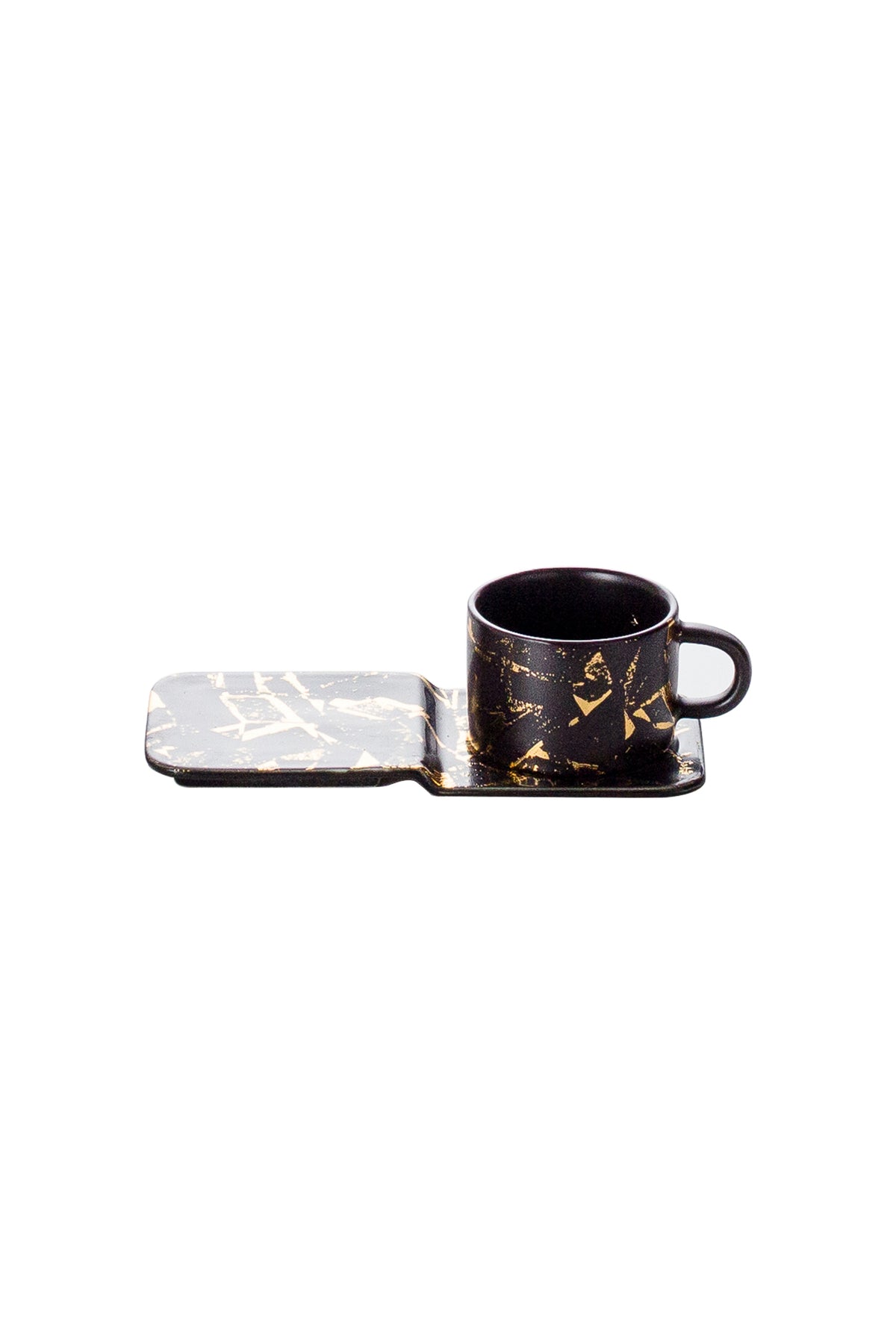 Set 6 Cești de cafea cu 6 farfurii dreptunghiulare, 90 ml, Porțelan – Negru marmorat