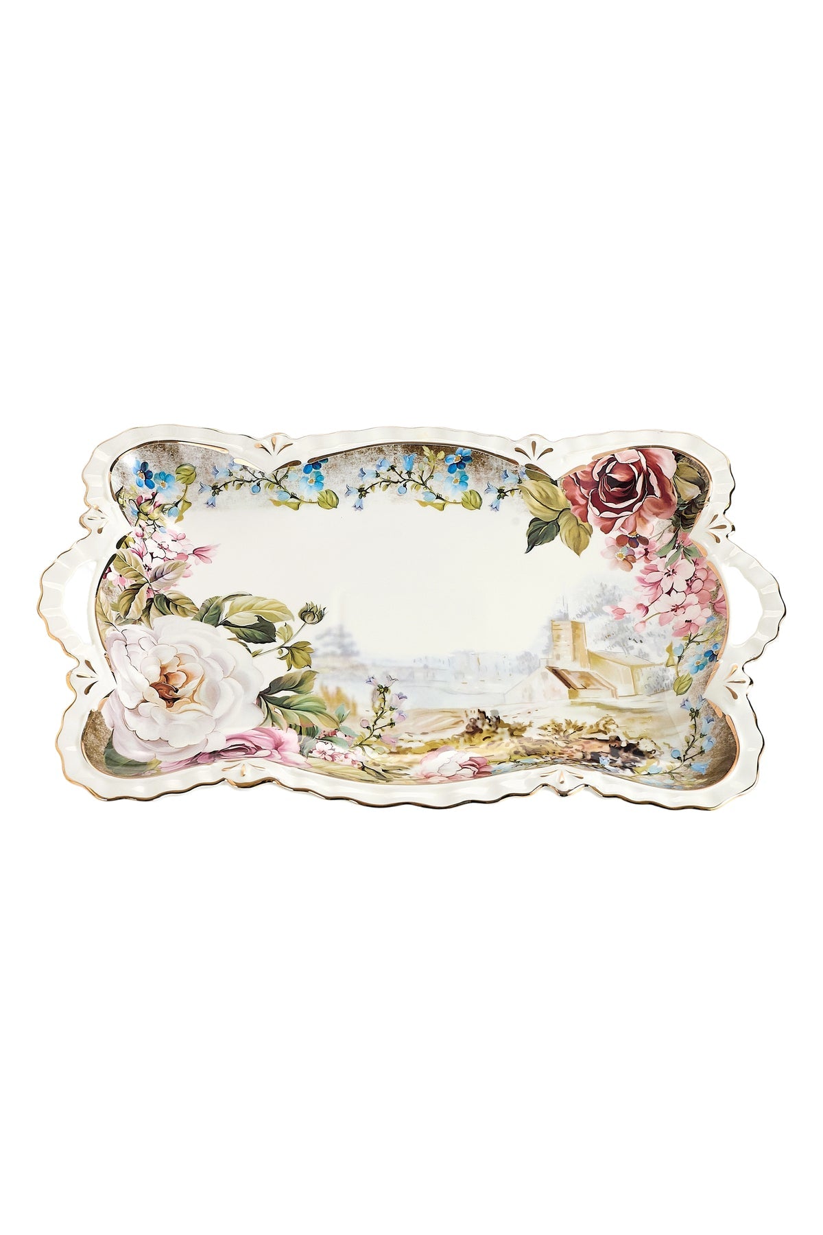 Tavă servire porțelan model floral vintage, mânere integrate, 42 x 27 cm