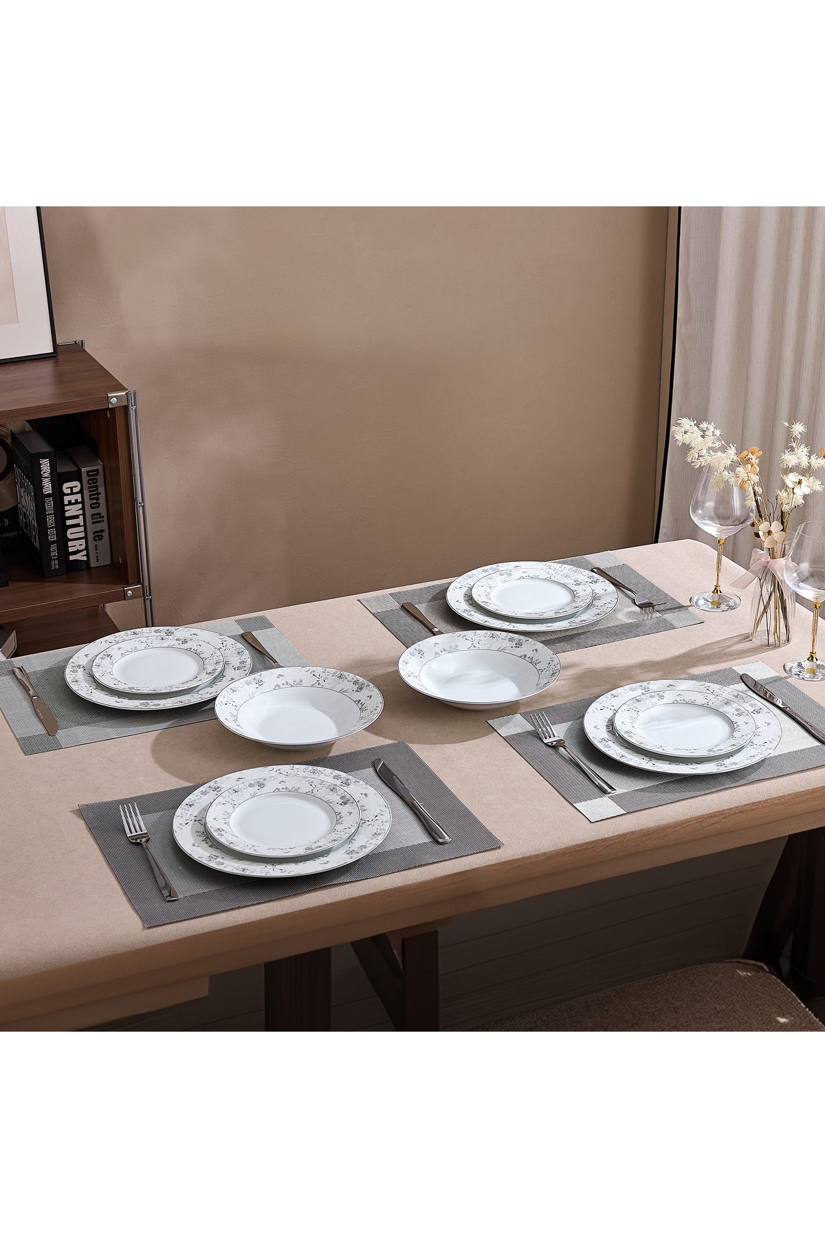 Serviciu de Masă 6 persoane Charcoal Blossom din Porțelan Premium, 18 Piese, Design Floral Dens