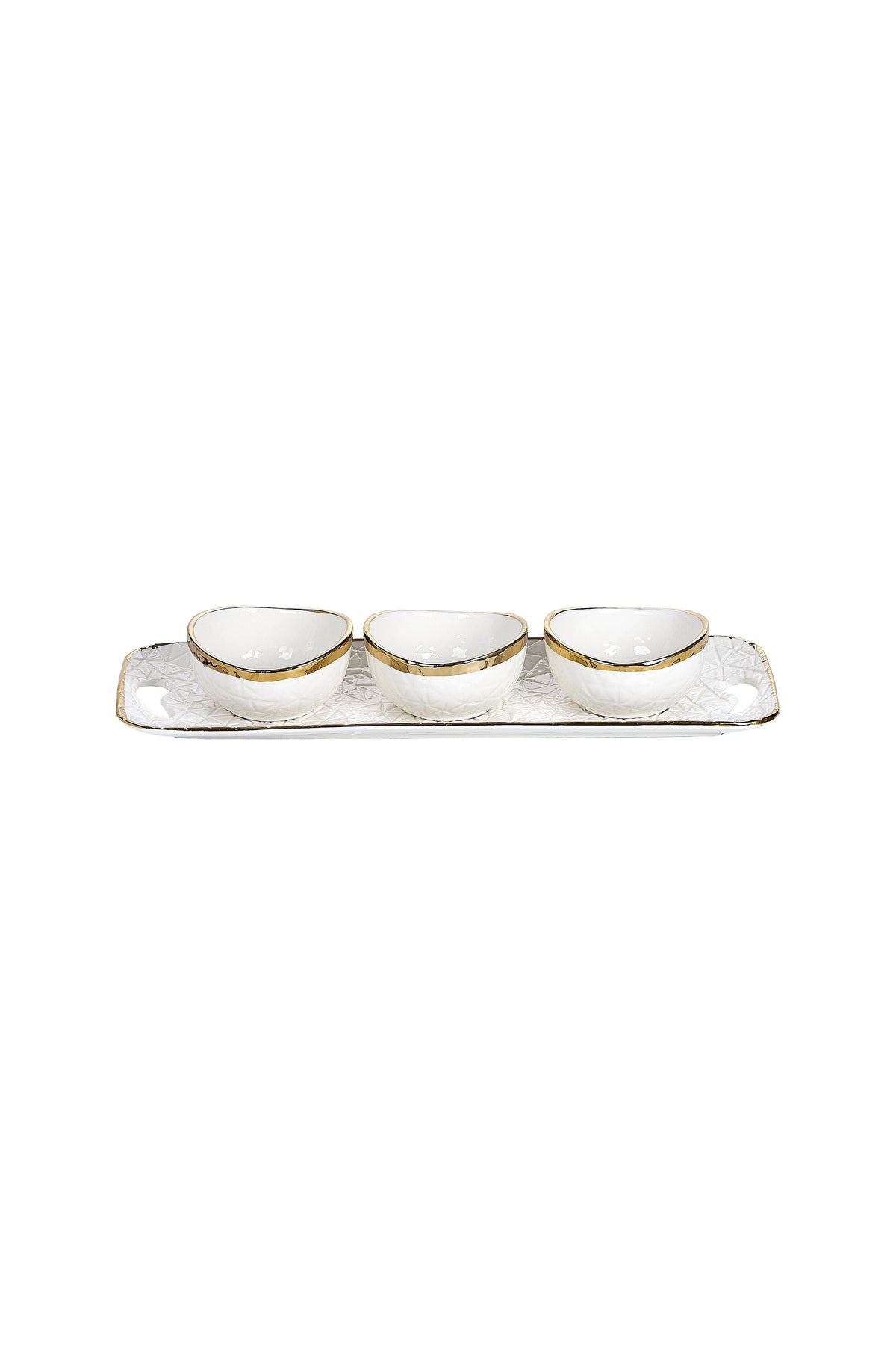 Set 3 boluri porțelan cu tavă suport, bordură aurie neregulată, 42 cm