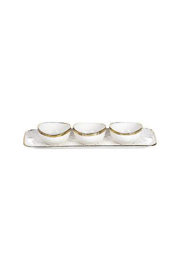 Set 3 boluri porțelan cu tavă suport, bordură aurie neregulată, 42 cm