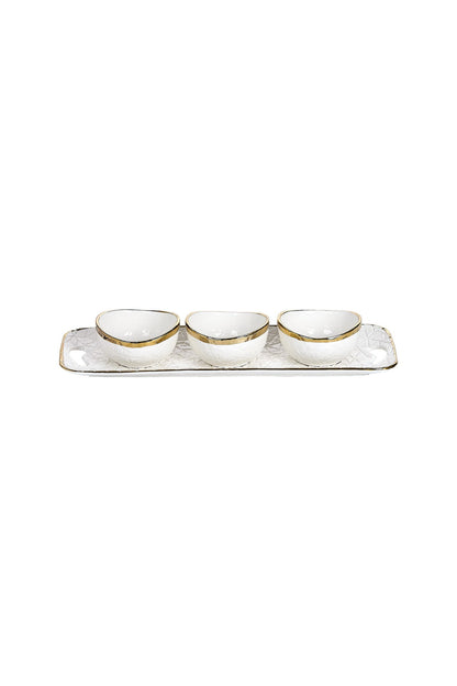 Set 3 boluri porțelan cu tavă suport, bordură aurie neregulată, 42 cm