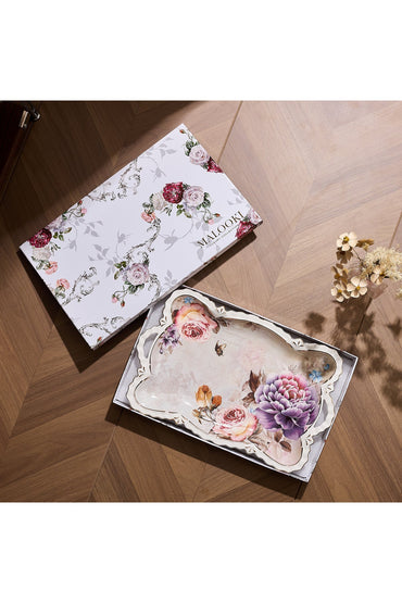 Tavă servire porțelan model floral vintage, mânere integrate, 42 x 27 cm
