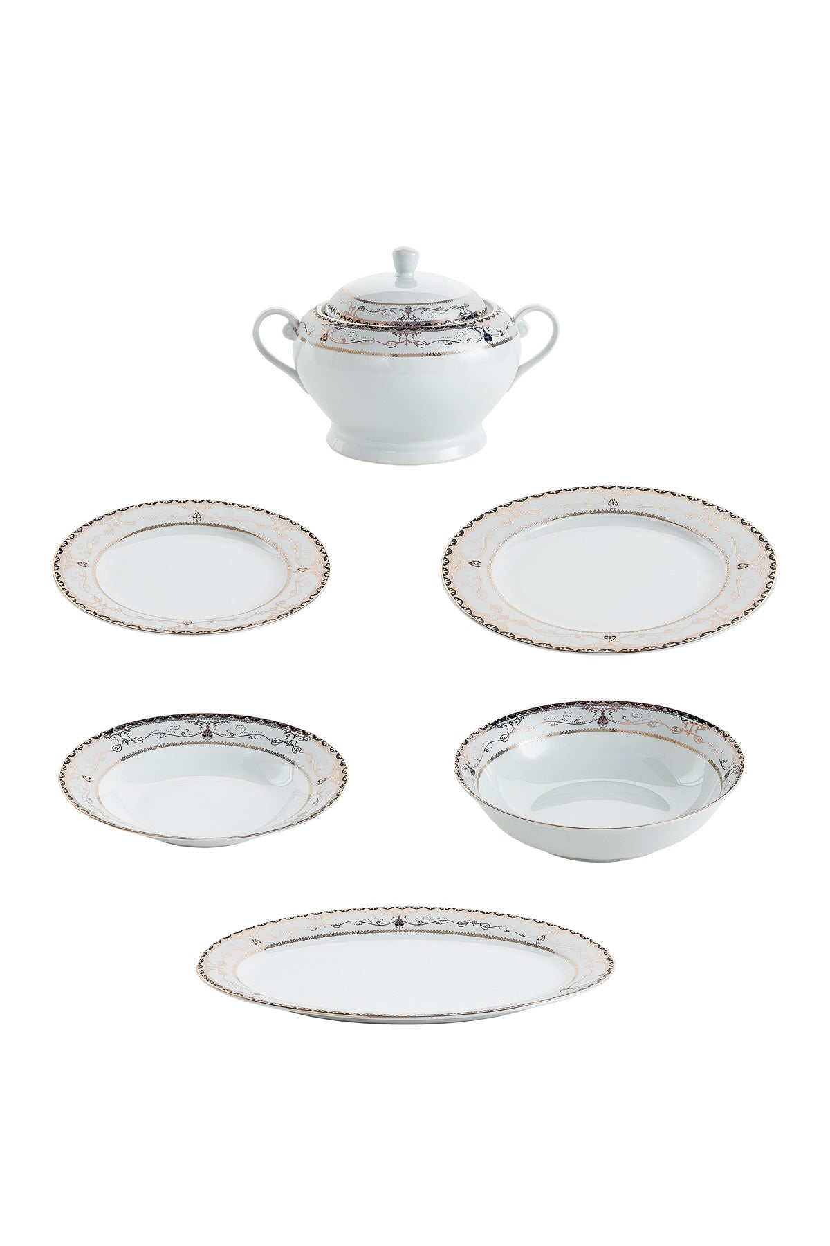Serviciu de Masă 12 Persoane Onyx Royal Gold din Porțelan, 40 piese, Design Baroc Negru cu Aur