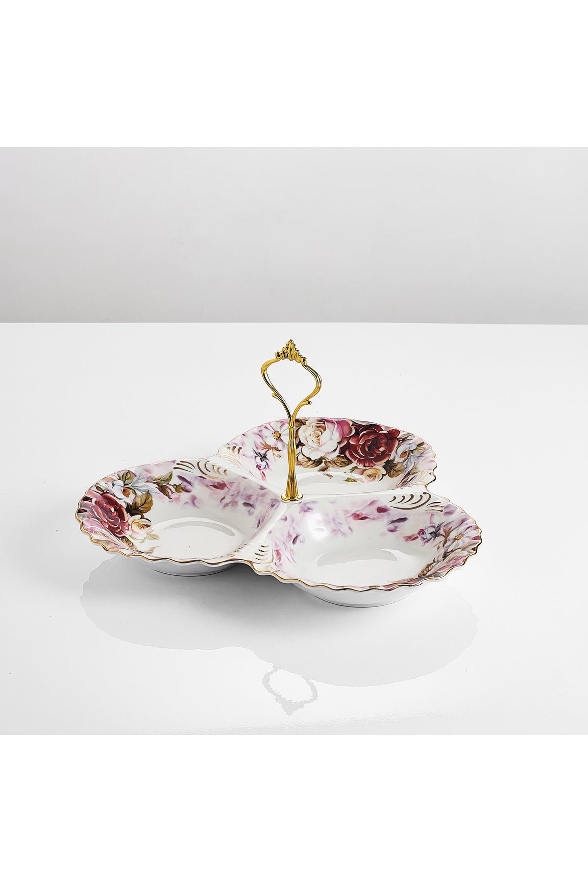 Platou compartimentat 3 secțiuni porțelan, model floral vintage, mâner auriu