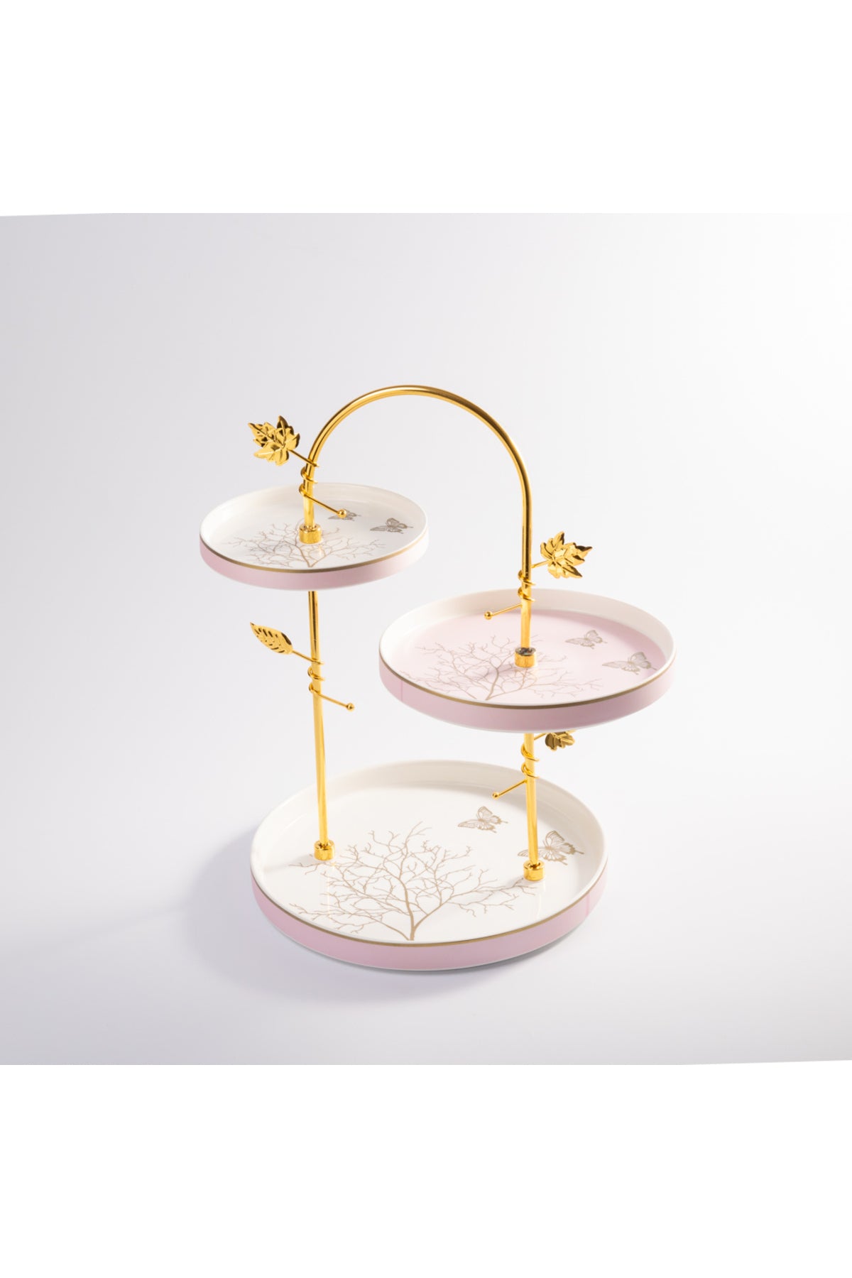 Platou etajat 3 niveluri porțelan Lifetree, structură metalică aurie, roz-auriu, 39 cm
