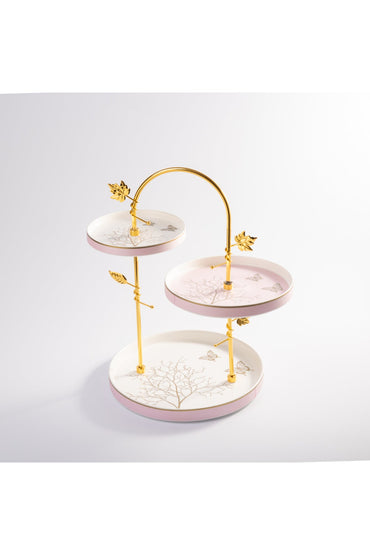 Platou etajat 3 niveluri porțelan Lifetree, structură metalică aurie, roz-auriu, 39 cm
