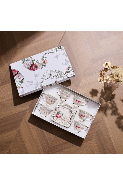 Set 6 cești espresso cu 6 farfurioare porțelan 90 ml – cești cafea model floral elegant