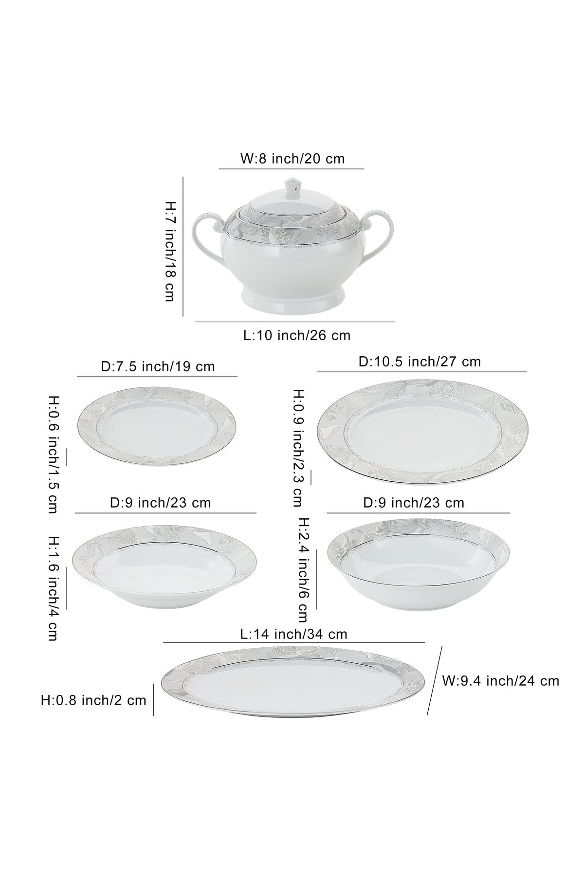 Serviciu de Masă 12 Persoane Silver Leaf din Porțelan 40 piese, Design Floral cu Bordură Argintie
