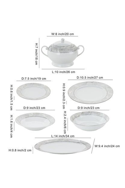 Serviciu de Masă 12 Persoane Silver Leaf din Porțelan 40 piese, Design Floral cu Bordură Argintie