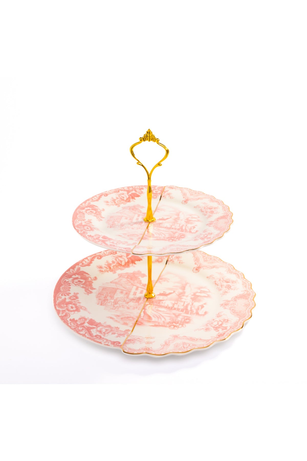 Platou etajat 2 nivele Toile – porțelan roz cu peisaj chinoiserie, suport prăjituri și aperitive