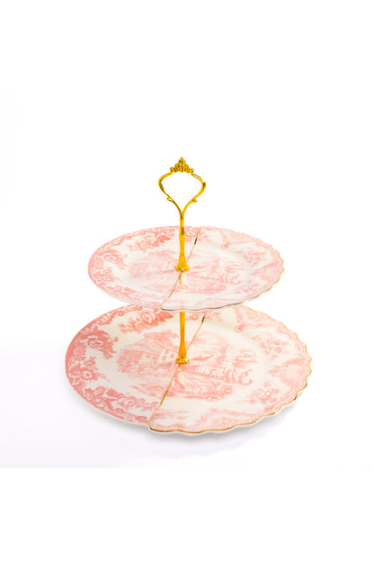 Platou etajat 2 nivele Toile – porțelan roz cu peisaj chinoiserie, suport prăjituri și aperitive