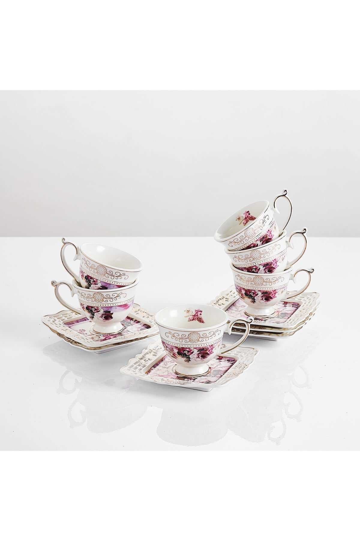 Set 6 cești espresso cu 6 farfurioare porțelan 90 ml – cești cafea model floral elegant