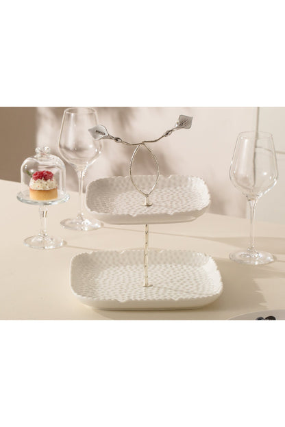 Platou etajat Candy Bar din Porțelan cu Detalii Florale Metalice - 29.8 cm