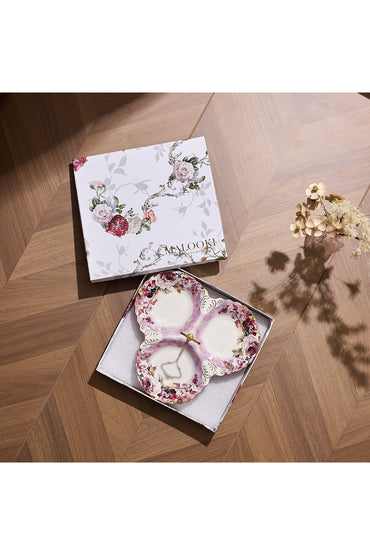 Platou compartimentat 3 secțiuni porțelan, model floral vintage, mâner auriu