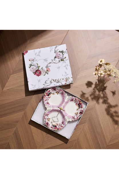 Platou compartimentat 3 secțiuni porțelan, model floral vintage, mâner auriu