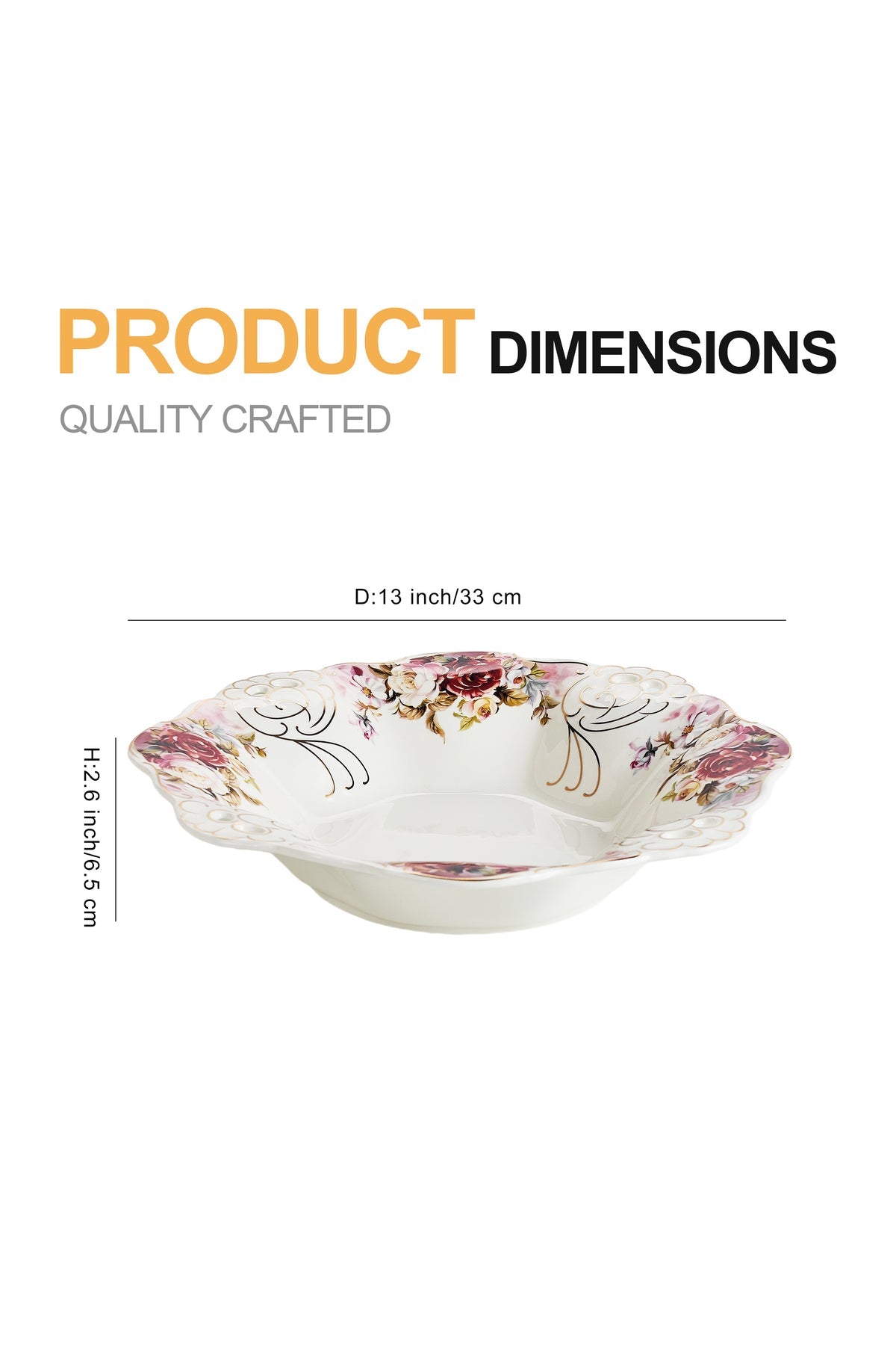 Bol fructieră porțelan model floral vintage, margini dantelate, diametru 33 cm