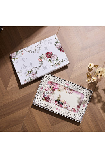 Tavă servire porțelan model floral vintage, margini dantelate decupate, 36 x 23 cm