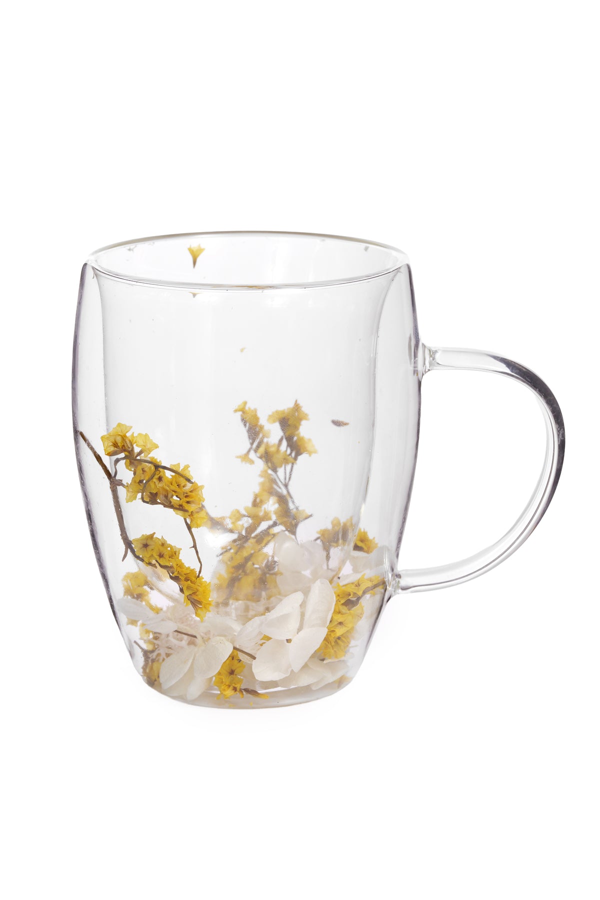 Cană din Sticlă cu Pereți Dubli "Anna" cu Flori Uscate Galbene Naturale - 350 ml