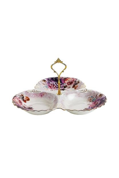 Platou compartimentat 3 secțiuni porțelan, model floral vintage, mâner auriu