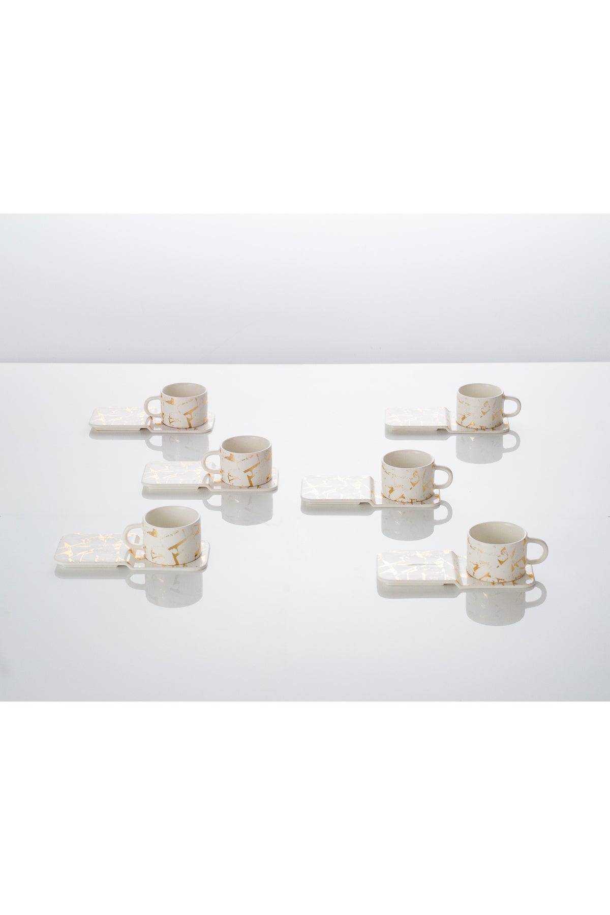 Set 6 căni de cafea, porțelan, 90 ml, cu farfurioare, Malooki, alb/auriu