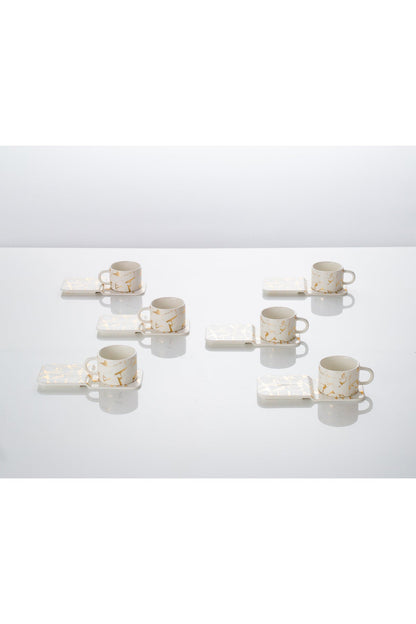Set 6 căni de cafea, porțelan, 90 ml, cu farfurioare, Malooki, alb/auriu