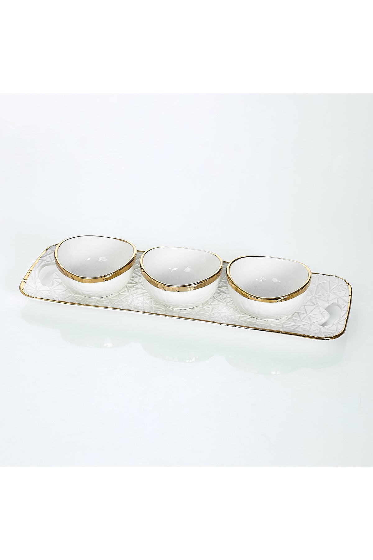 Set 3 boluri porțelan cu tavă suport, bordură aurie neregulată, 42 cm