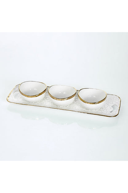 Set 3 boluri porțelan cu tavă suport, bordură aurie neregulată, 42 cm