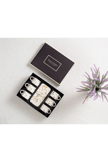 Set 6 căni de cafea, porțelan, 90 ml, cu farfurioare, Malooki, alb/auriu