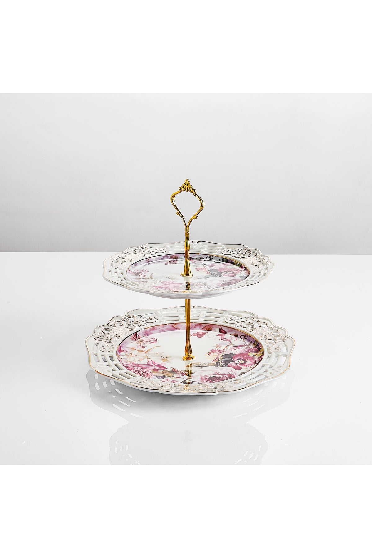 Platou etajat 2 niveluri porțelan, model floral vintage, platouri rotunde